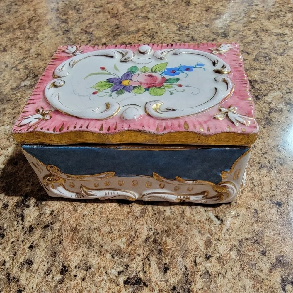 Italy Floral Porcelain Trinket Vintage Jewelry Box